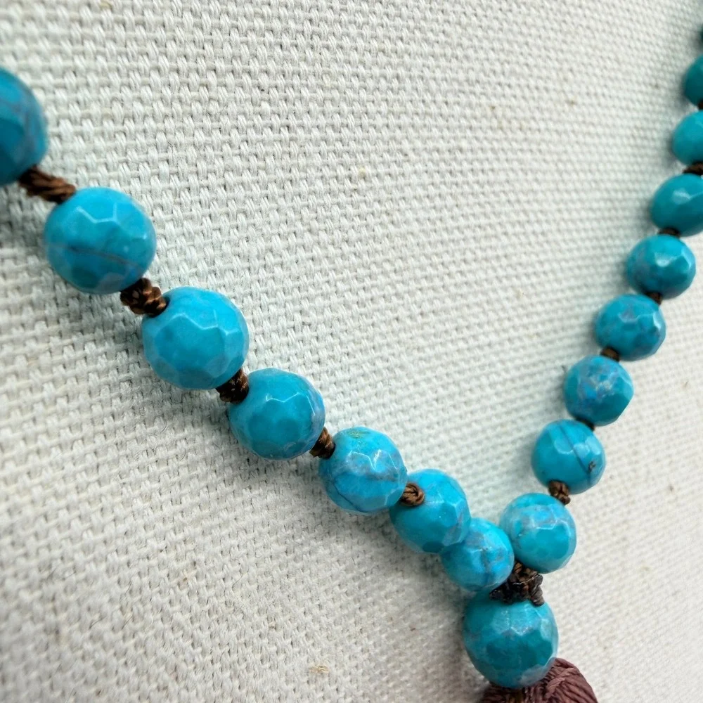 Necklace Vintage Bright Blue Stone‎ Knotted Mala Brown Tassel Boho Statement 90s